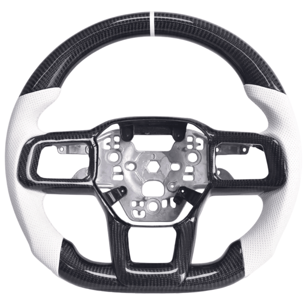 2024+ S650 Mustang carbon fiber steering wheel with white perforated leather grips and white center stripe