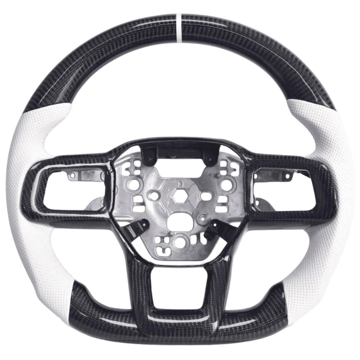 2024+ S650 Mustang carbon fiber steering wheel with white perforated leather grips and white center stripe
