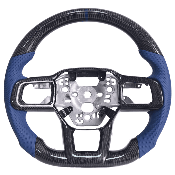 2024+ S650 Mustang carbon fiber steering wheel with blue perforated leather grips and blue center stripe