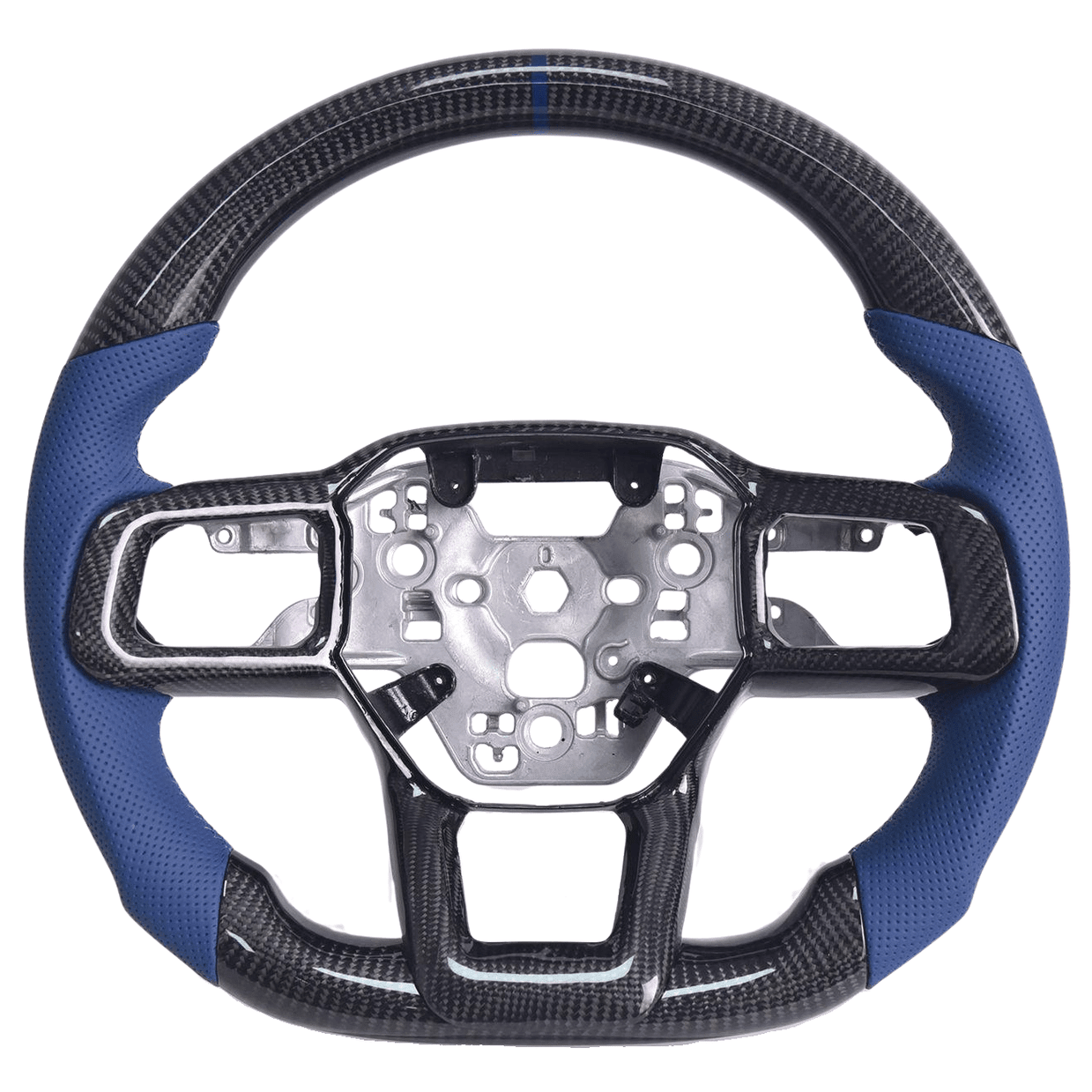 2024+ S650 Mustang carbon fiber steering wheel with blue perforated leather grips and blue center stripe