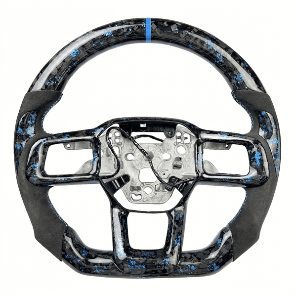 2024+ S650 Mustang blue forged carbon fiber steering wheel with Alcantara grips and blue center stripe