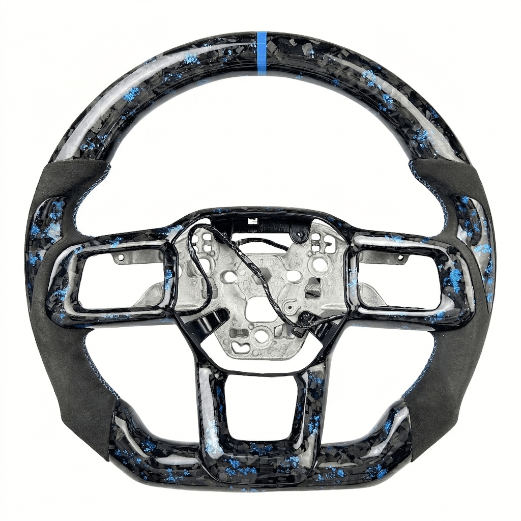 2024+ S650 Mustang blue forged carbon fiber steering wheel with Alcantara grips and blue center stripe
