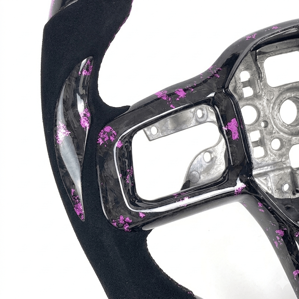 2024+ S650 Mustang purple forged carbon fiber steering wheel with Alcantara grips and purple center stripe