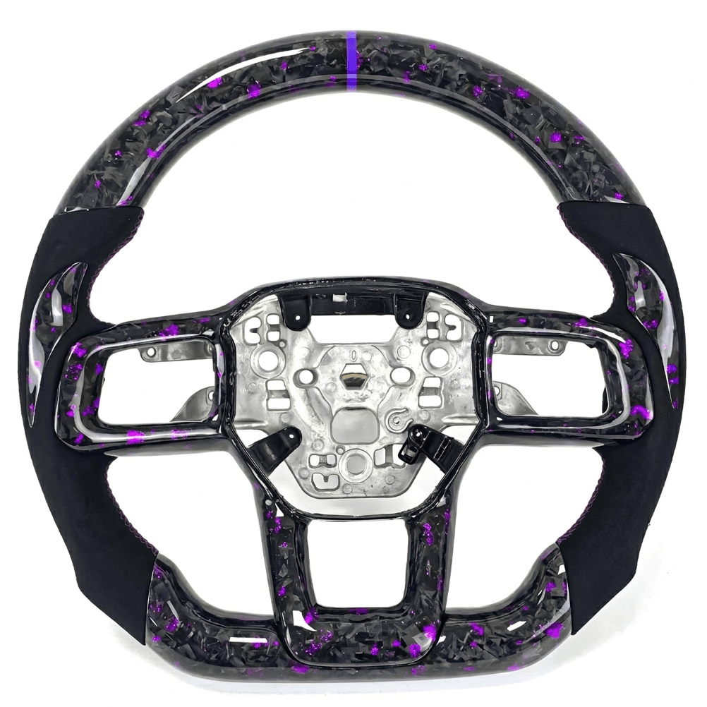 2024+ S650 Mustang purple forged carbon fiber steering wheel with Alcantara grips and purple center stripe