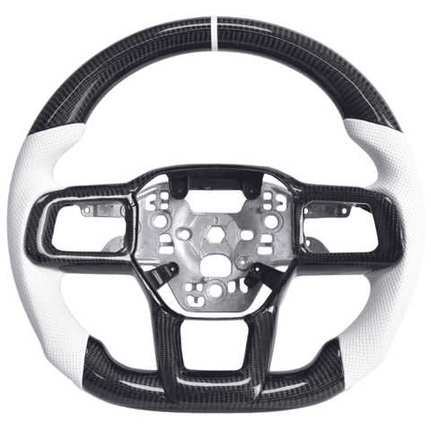 2024+ S650 Mustang carbon fiber steering wheel with white perforated leather grips and white center stripe
