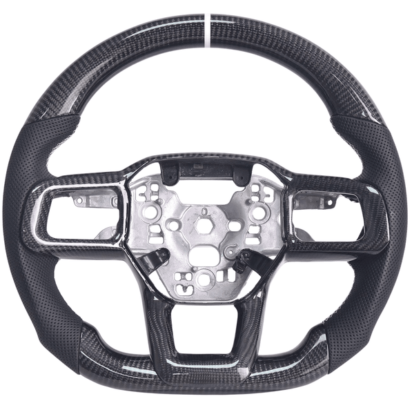 2024+ S650 Mustang carbon fiber steering wheel with black perforated leather grips and white center stripe