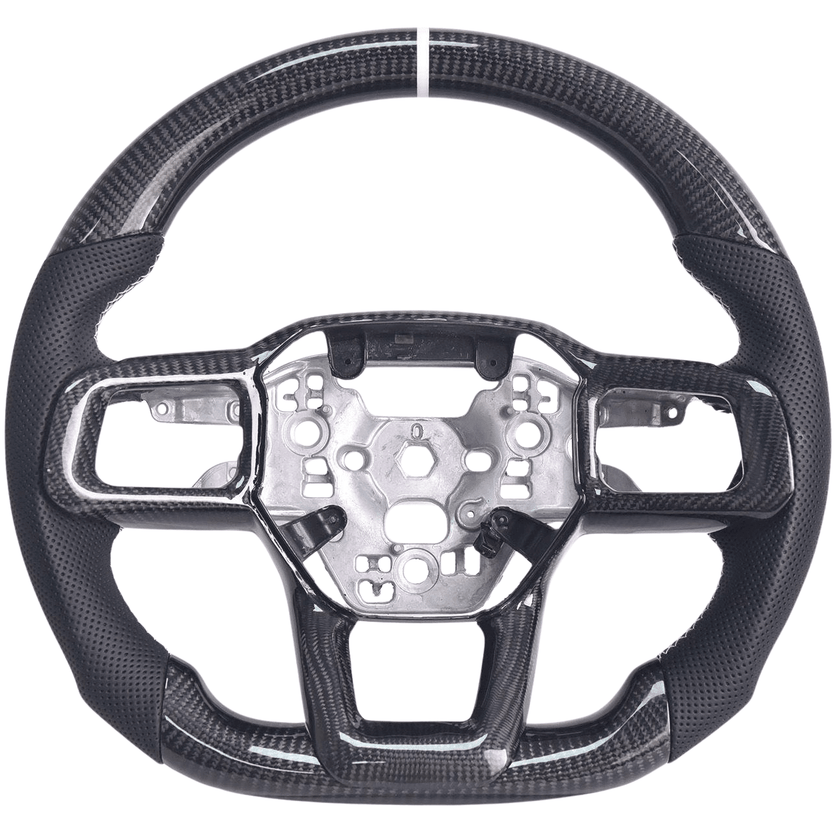 2024+ S650 Mustang carbon fiber steering wheel with black perforated leather grips and white center stripe