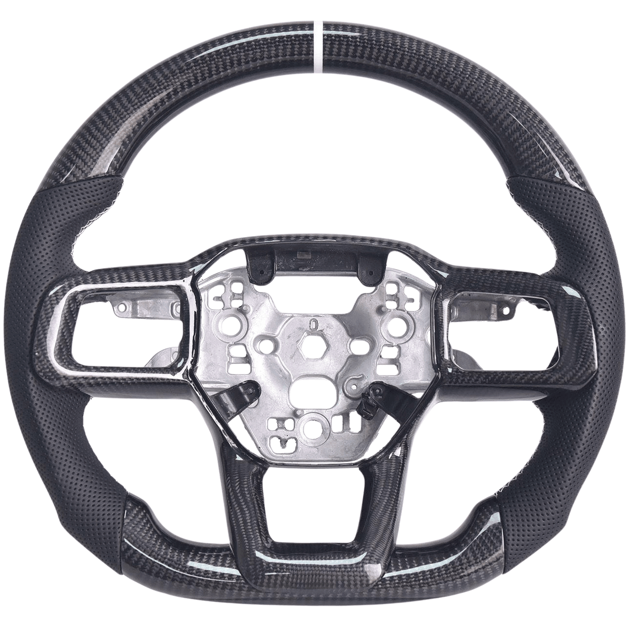 2024+ S650 Mustang carbon fiber steering wheel with black perforated leather grips and white center stripe