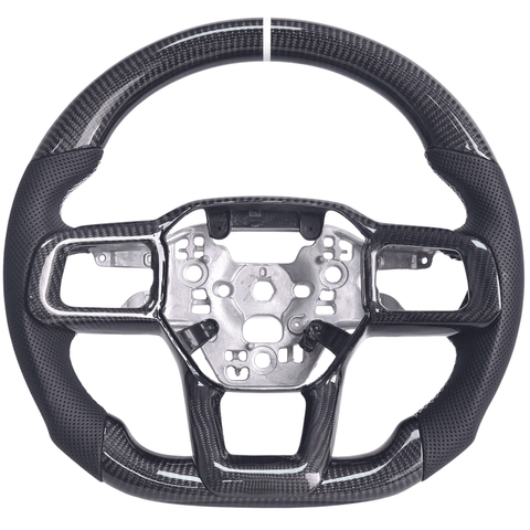 2024+ S650 Mustang carbon fiber steering wheel with black perforated leather grips and white center stripe