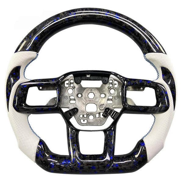 2024+ S650 Mustang blue forged carbon fiber steering wheel with white perforated leather grips and blue stitching