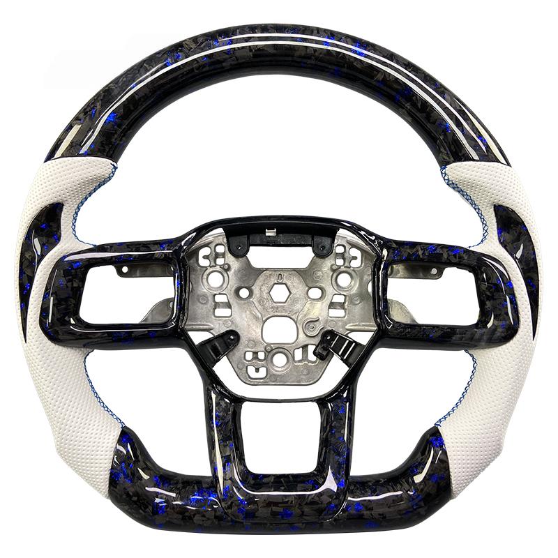 2024+ S650 Mustang blue forged carbon fiber steering wheel with white perforated leather grips and blue stitching
