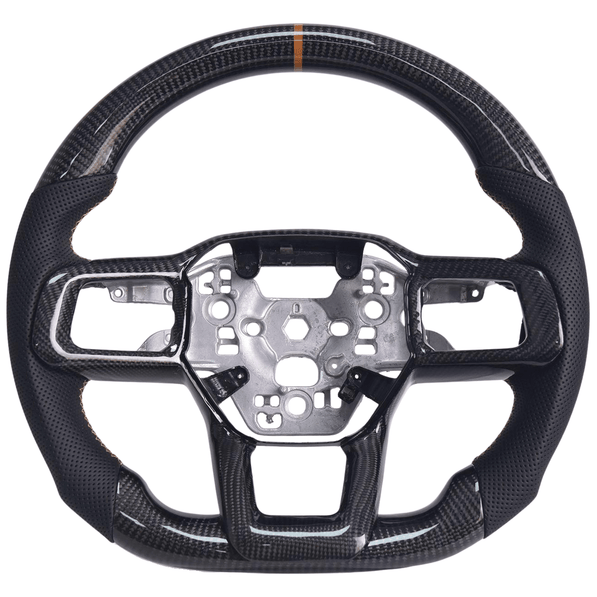 2024+ S650 Mustang carbon fiber steering wheel with black perforated leather grips and orange center stripe