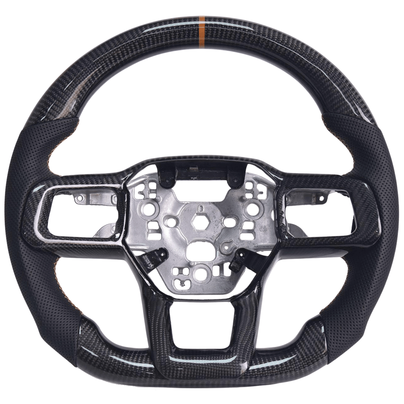 2024+ S650 Mustang carbon fiber steering wheel with black perforated leather grips and orange center stripe