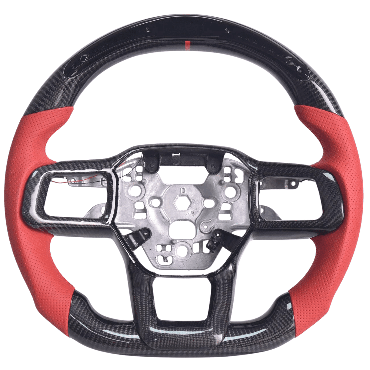 2024+ S650 Mustang carbon fiber steering wheel with red perforated leather grips and red center stripe