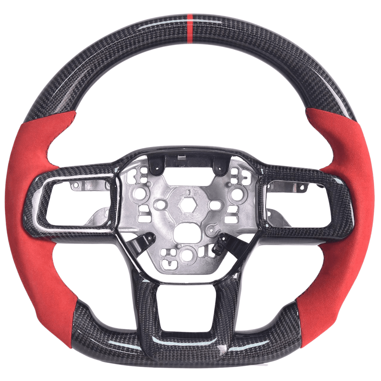 2024+ S650 Mustang carbon fiber steering wheel with red Alcantara grips and red center stripe