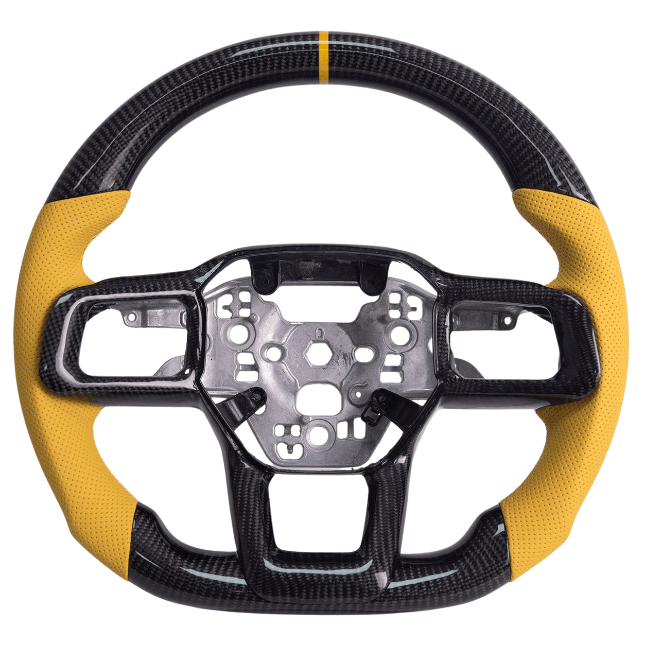 2024+ S650 Mustang carbon fiber steering wheel with yellow perforated leather grips and yellow center stripe