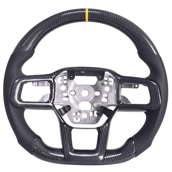 2024+ S650 Mustang carbon fiber steering wheel with black perforated leather grips and yellow center stripe
