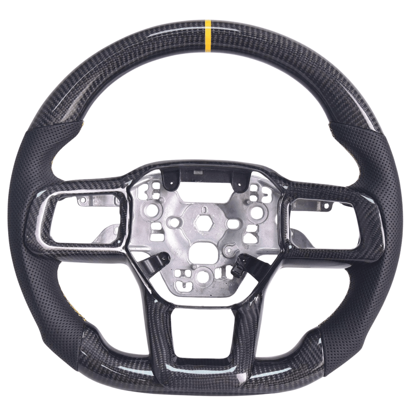 2024+ S650 Mustang carbon fiber steering wheel with black perforated leather grips and yellow center stripe