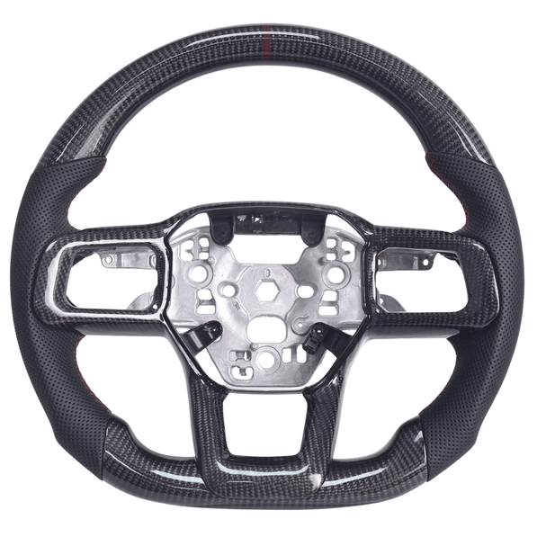 2024+ S650 Mustang carbon fiber steering wheel with black perforated leather grips, burgundy stitching and stripe