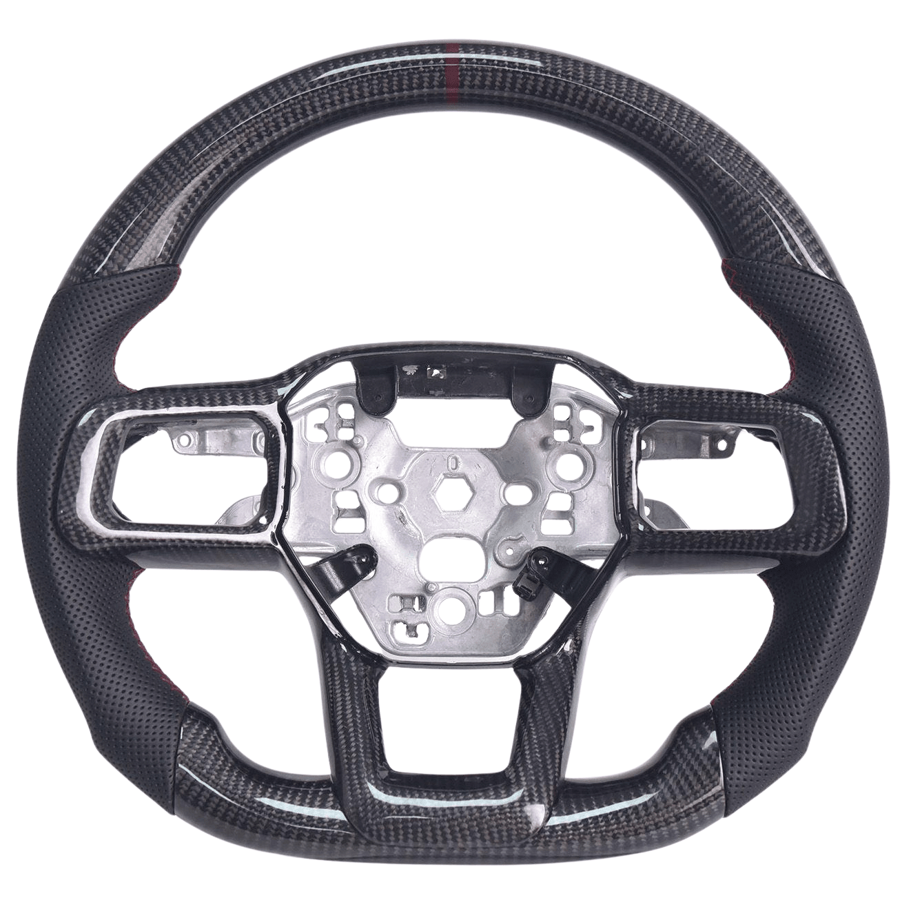 2024+ S650 Mustang carbon fiber steering wheel with black perforated leather grips, burgundy stitching and stripe