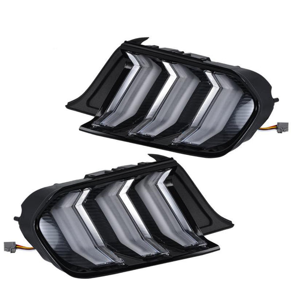 2015-2023 S550 Mustang clear lens Euro LED tail lights with black housing, triple-bar lenses and plug connectors