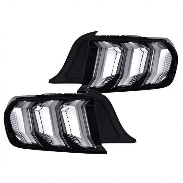 2015-2023 S550 Mustang clear lens Euro LED tail lights with black housing and triple-bar design