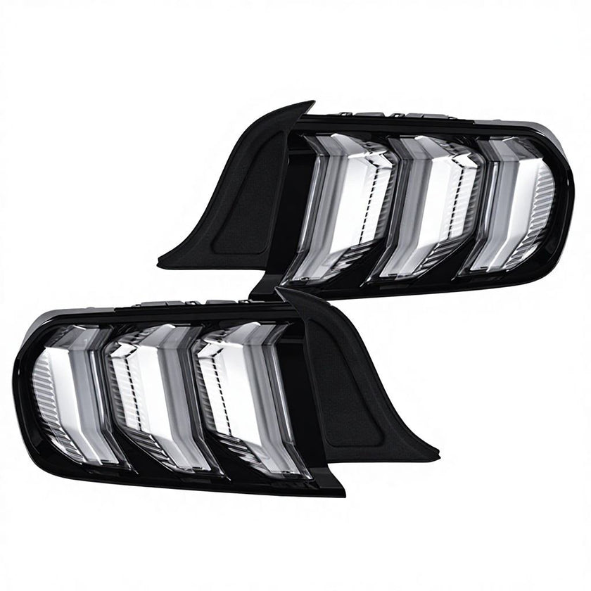 2015-2023 S550 Mustang clear lens Euro LED tail lights with black housing and triple-bar design