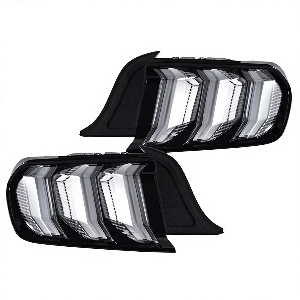 2015-2023 S550 Mustang clear lens Euro LED tail lights with black housing and triple-bar design