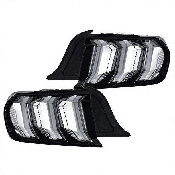 2015-2023 S550 Mustang clear lens Euro LED tail lights with black housing and triple-bar design