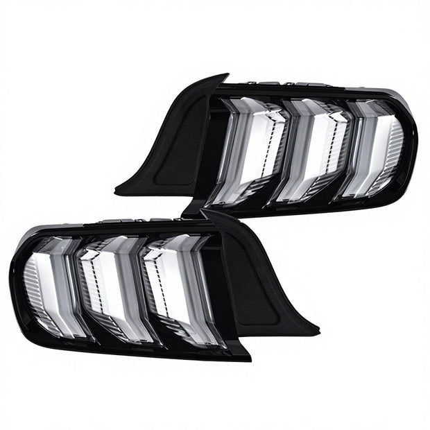 2015-2023 S550 Mustang clear lens Euro LED tail lights with black housing and triple-bar design