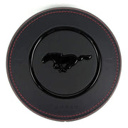 2015-2023 S550 Mustang custom black airbag cover with red stitching and gloss black pony emblem