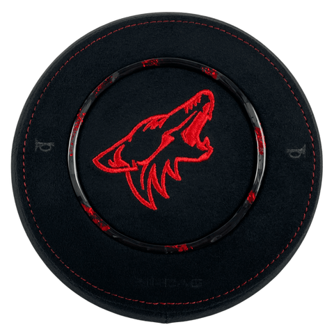 2015-2023 Ford Mustang S550 custom black Alcantara steering wheel airbag cover with red stitching, red forged carbon trim, and embroidered coyote head