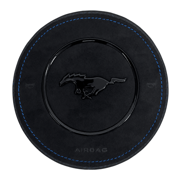2015-2023 Ford Mustang S550 custom Alcantara steering wheel airbag cover with blue stitching and gloss black pony with trim ring
