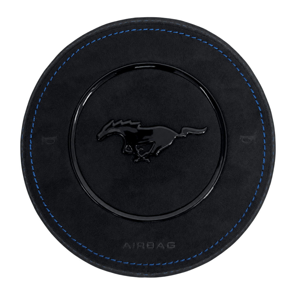 2015-2023 Ford Mustang S550 custom Alcantara steering wheel airbag cover with blue stitching and gloss black pony with trim ring
