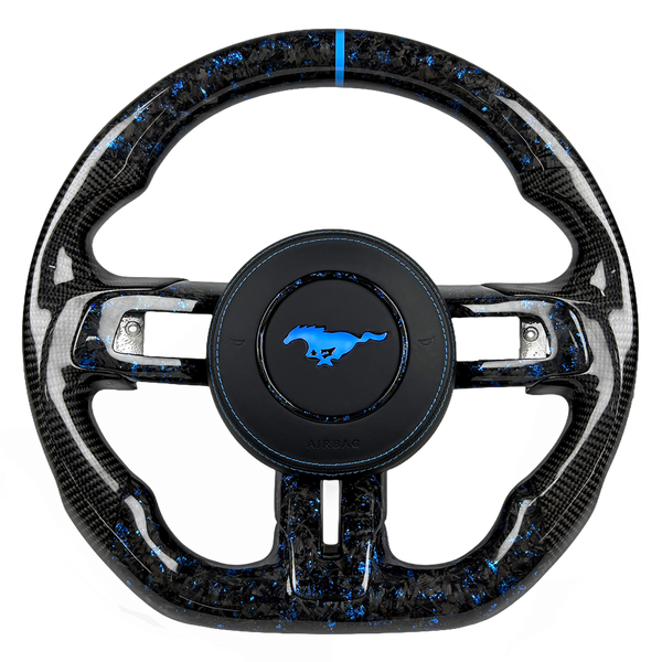 2015-2023 Ford Mustang S550 blue forged carbon fiber custom steering wheel with blue center stripe and black airbag cover