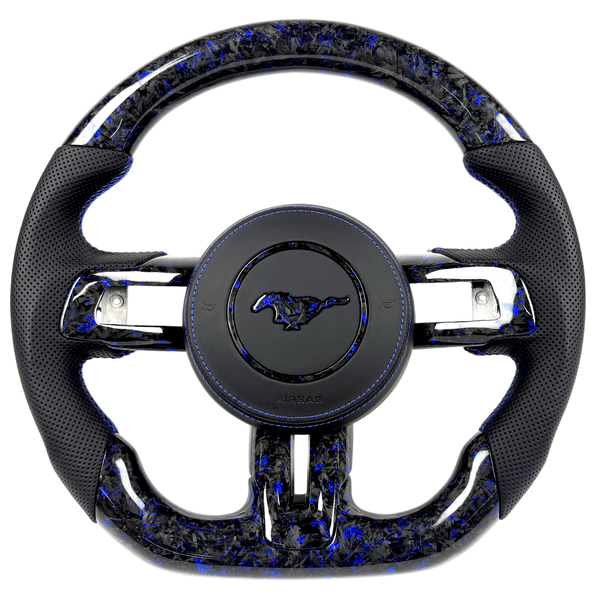 2015-2023 Ford Mustang S550 blue forged carbon fiber flat-bottom custom steering wheel with perforated leather grips and blue stitching