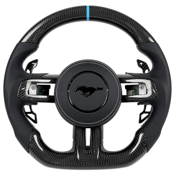 2015-2023 Ford Mustang S550 carbon fiber custom steering wheel with perforated leather grips, blue center stripe, and paddle shifters