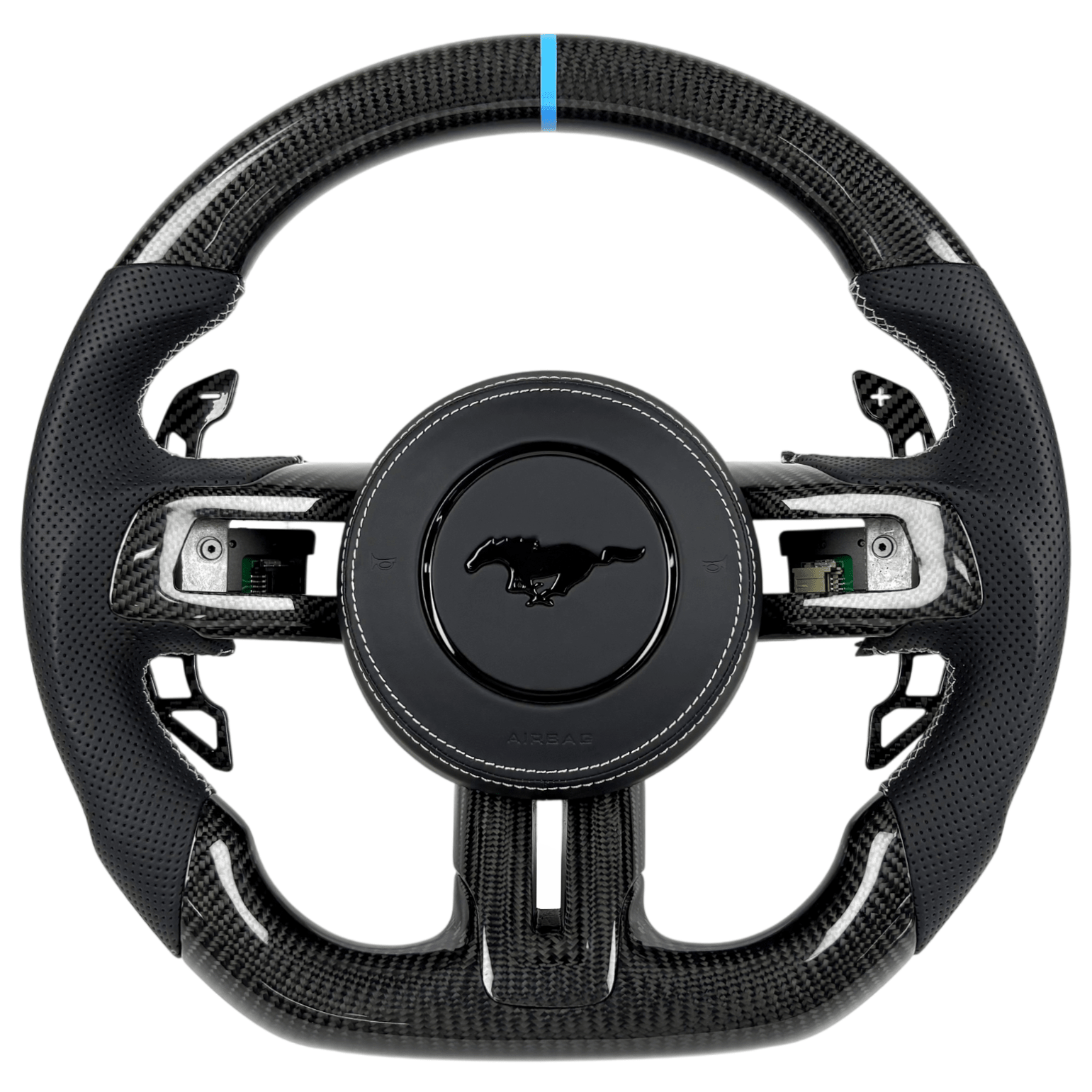 2015-2023 Ford Mustang S550 carbon fiber custom steering wheel with perforated leather grips, blue center stripe, and paddle shifters