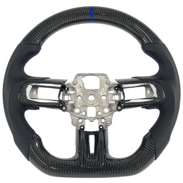 2015-2023 Ford Mustang S550 carbon fiber custom steering wheel with black leather grips, blue stitching, and blue 12 o'clock center stripe