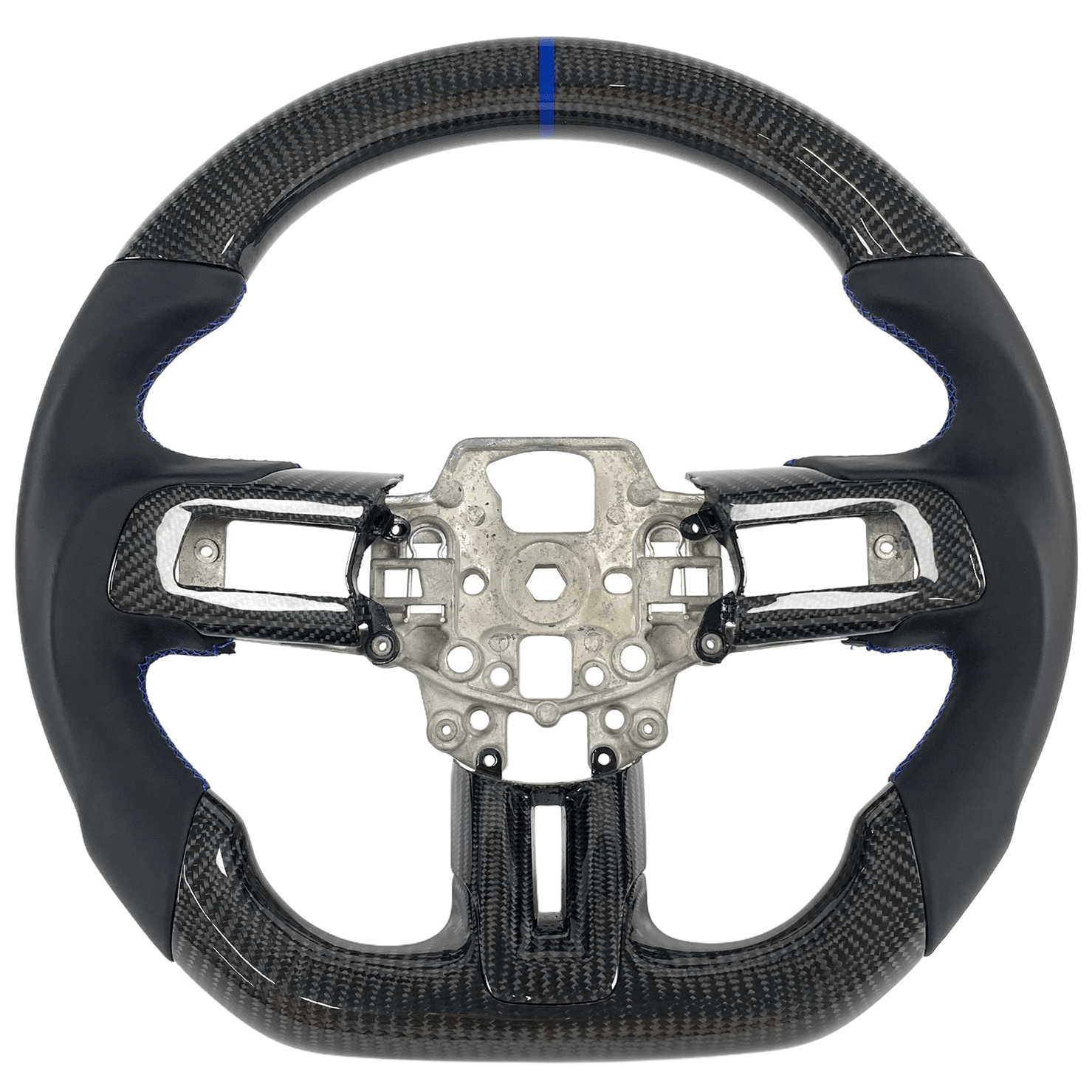 2015-2023 Ford Mustang S550 carbon fiber custom steering wheel with black leather grips, blue stitching, and blue 12 o'clock center stripe