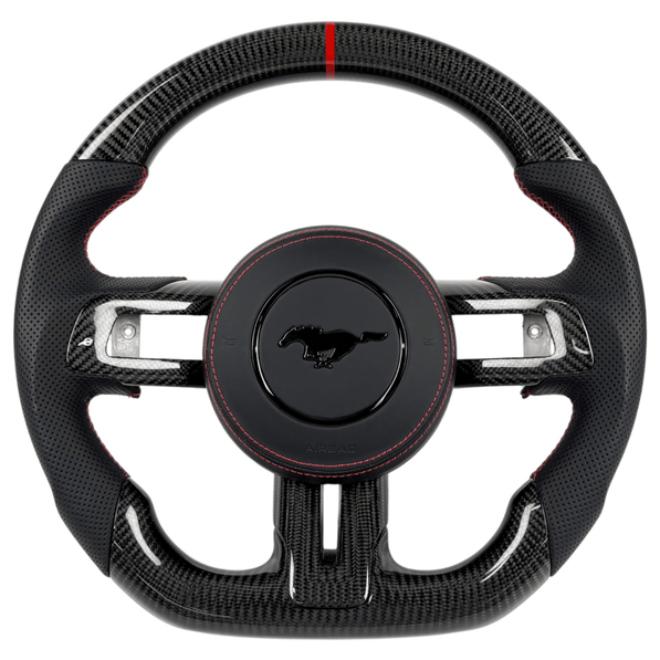 2015-2023 Ford Mustang S550 carbon fiber custom flat-bottom steering wheel with perforated leather grips and red center stripe