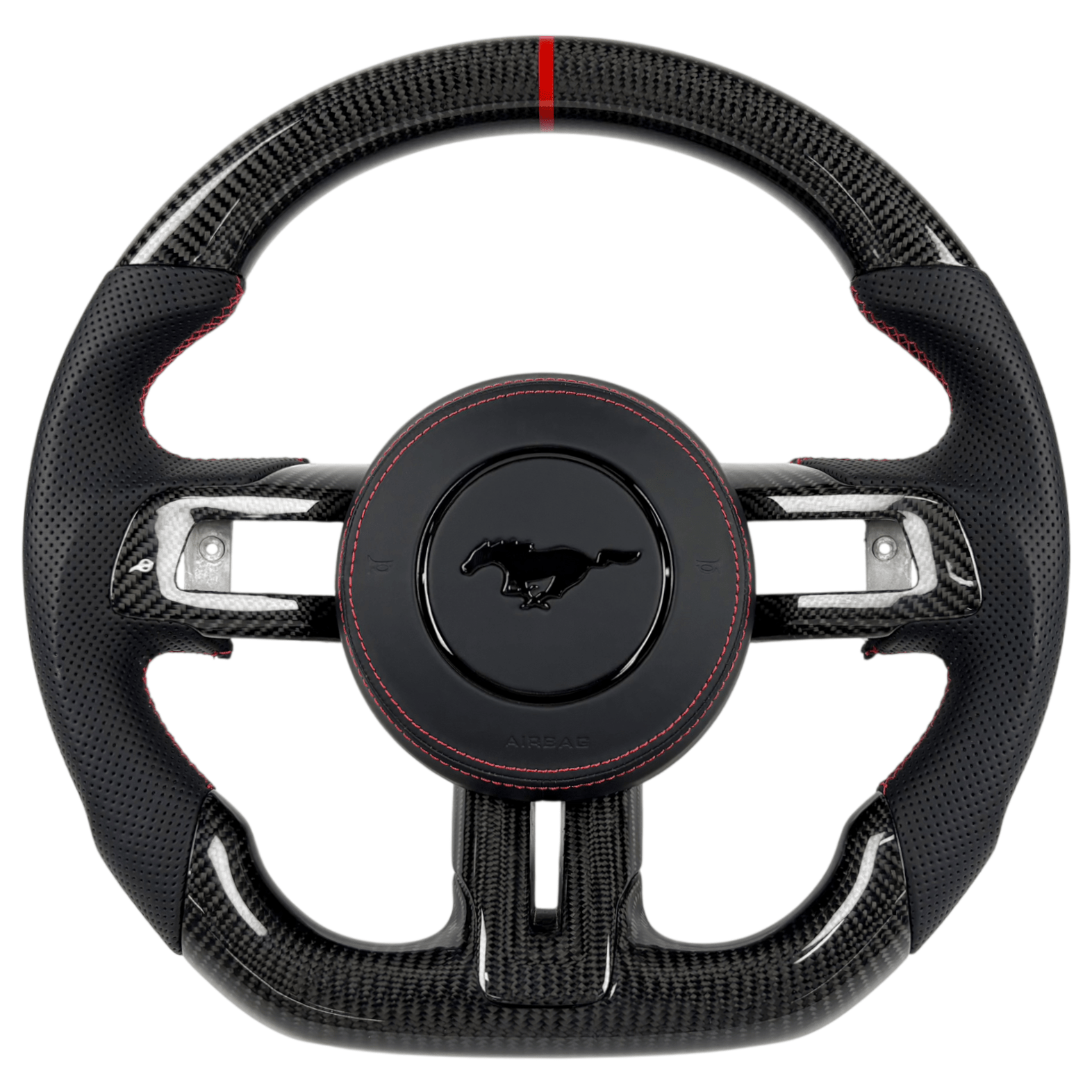 2015-2023 Ford Mustang S550 carbon fiber custom flat-bottom steering wheel with perforated leather grips and red center stripe