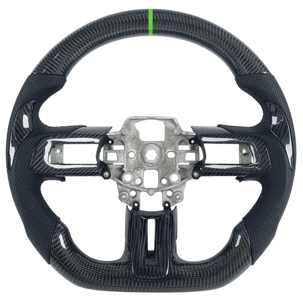 2015-2023 Ford Mustang S550 carbon fiber custom steering wheel front view with perforated leather grips, green center stripe, gloss finish