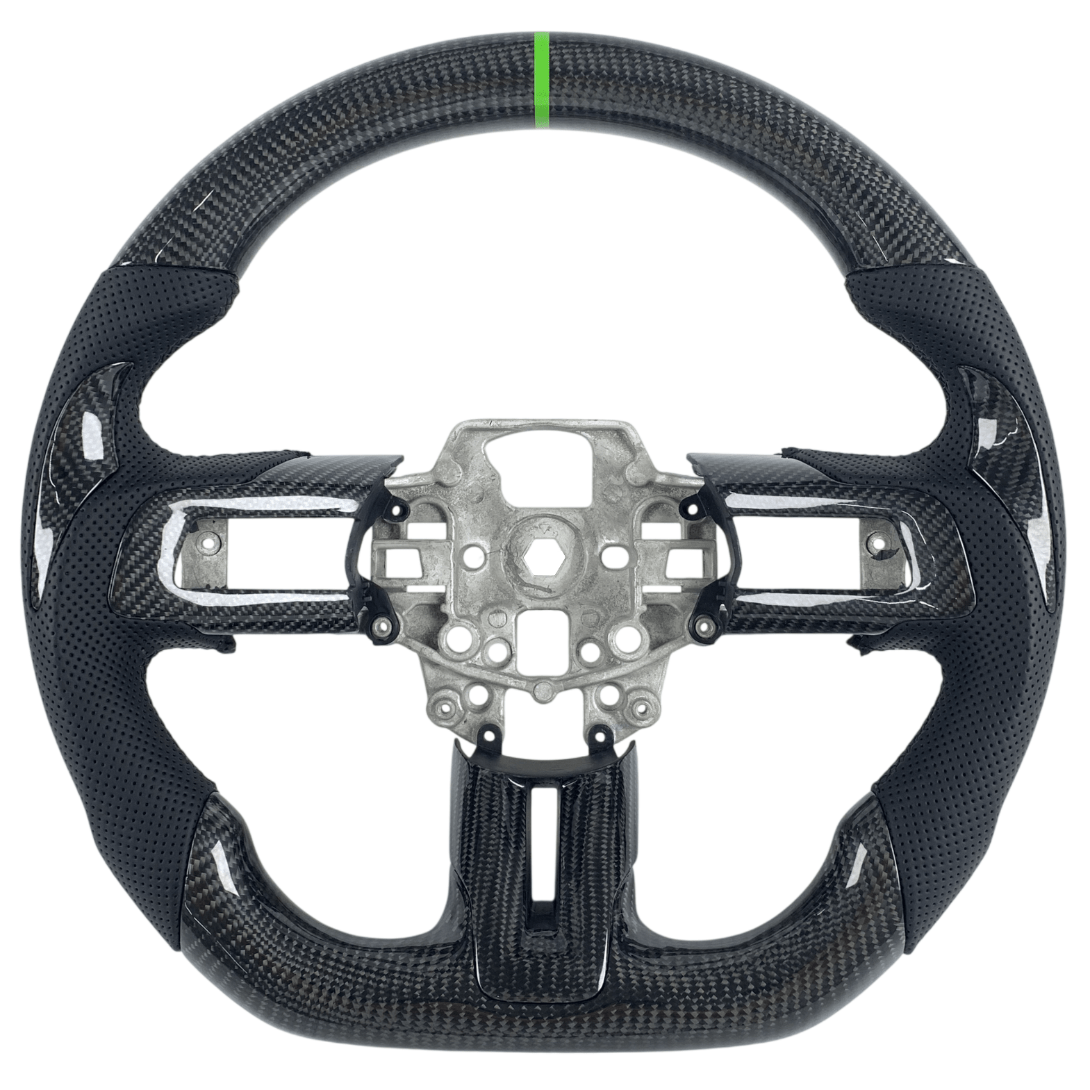 2015-2023 Ford Mustang S550 carbon fiber custom steering wheel front view with perforated leather grips, green center stripe, gloss finish