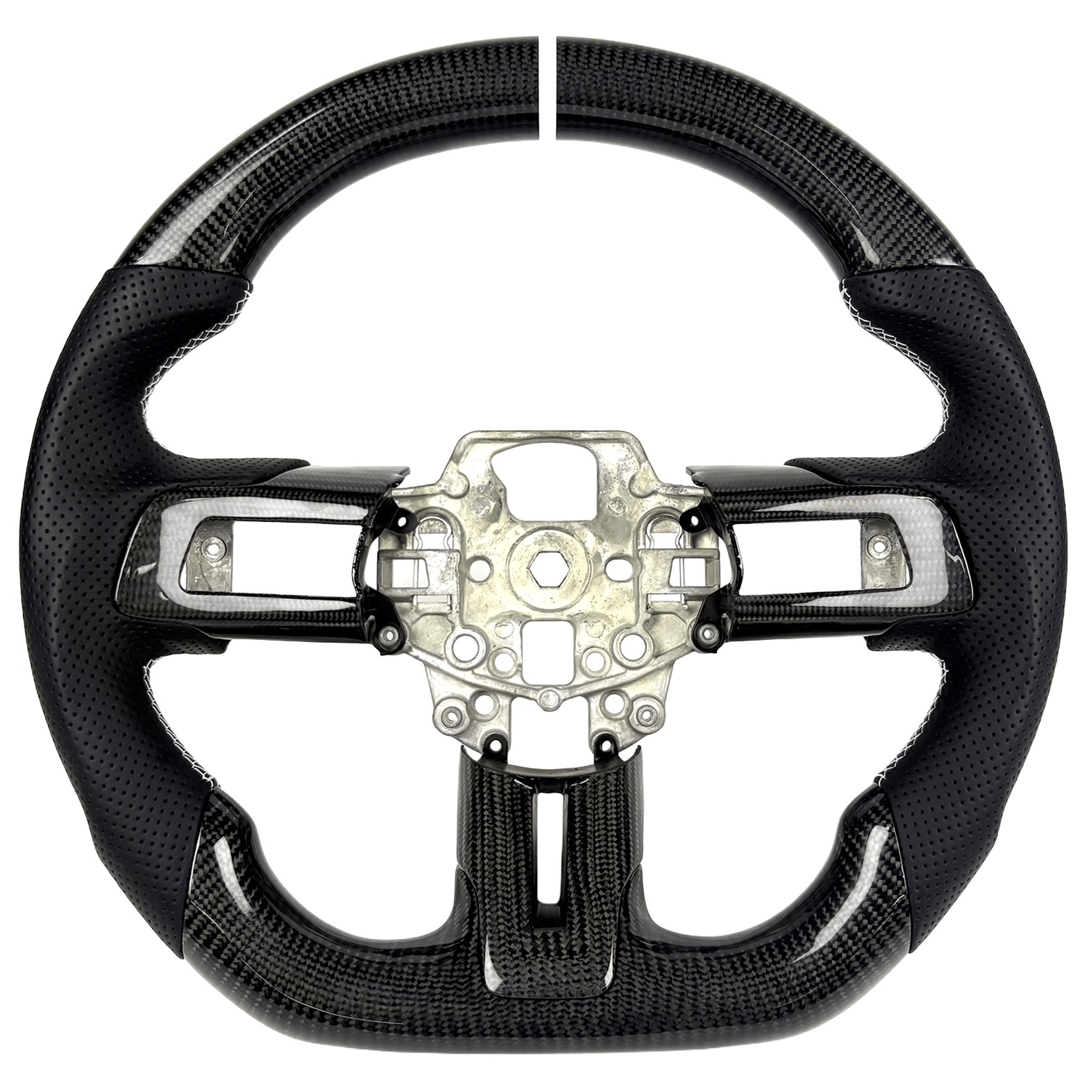 2015-2023 Ford Mustang S550 carbon fiber custom steering wheel with white stitching, white center stripe, and perforated leather grips