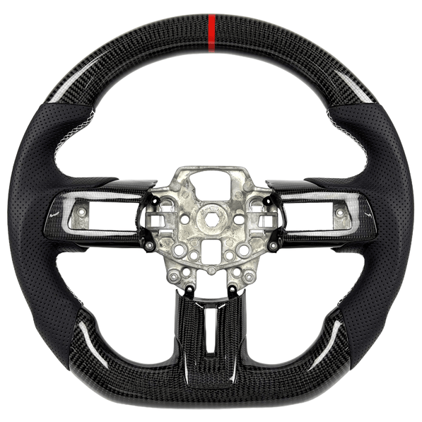 2015-2023 Ford Mustang S550 carbon fiber custom steering wheel with white stitching, red center stripe, and perforated leather grips