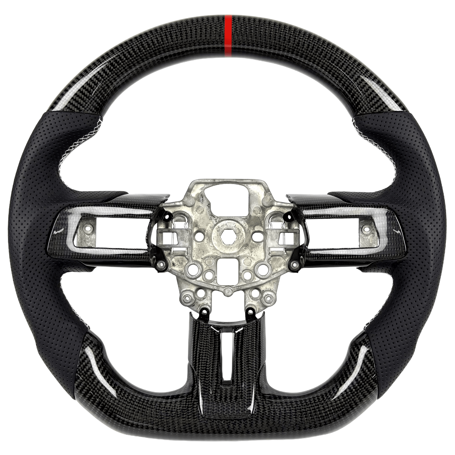 2015-2023 Ford Mustang S550 carbon fiber custom steering wheel with white stitching, red center stripe, and perforated leather grips