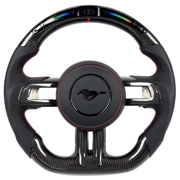 2015-2023 Ford Mustang S550 carbon fiber LED flat-bottom custom steering wheel with perforated leather grips and red center stripe