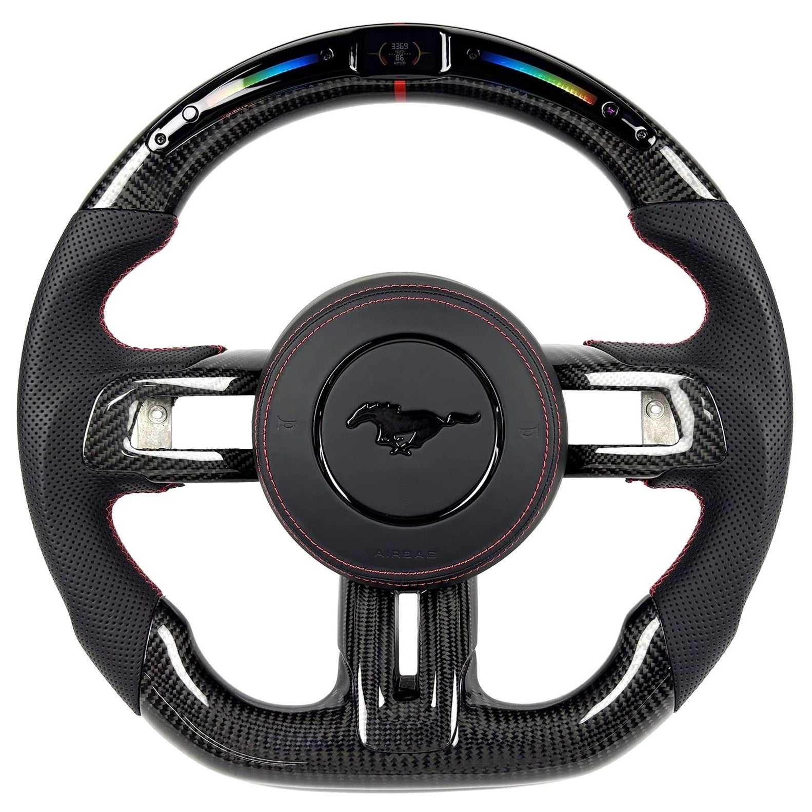 2015-2023 Ford Mustang S550 carbon fiber LED flat-bottom custom steering wheel with perforated leather grips and red center stripe