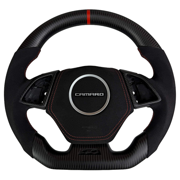 2016-2024 Chevrolet Camaro carbon fiber custom steering wheel with Alcantara-style grips, red stitching, and red center stripe